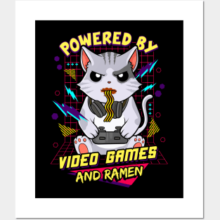 Powered By Video Games & Ramen Anime Cat Posters and Art